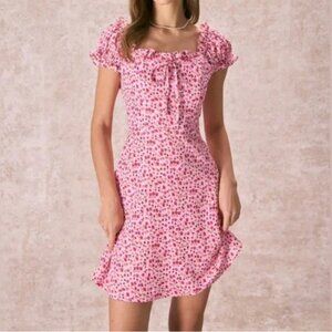 RIHOAS Pink Square Neck Puff Sleeve Floral Mini Dress